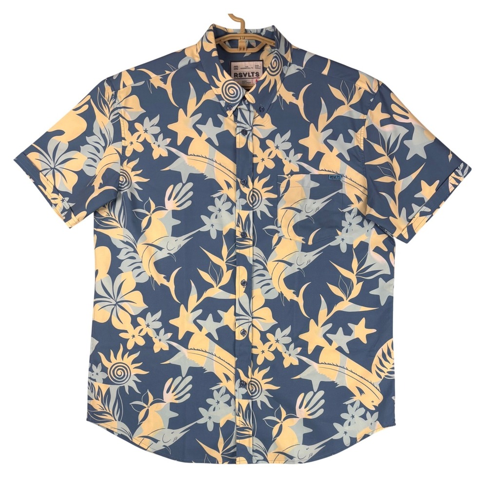 RSVLTS Men XL Blue Yellow Marlin Tropical Floral Short Sleeve Button Down
